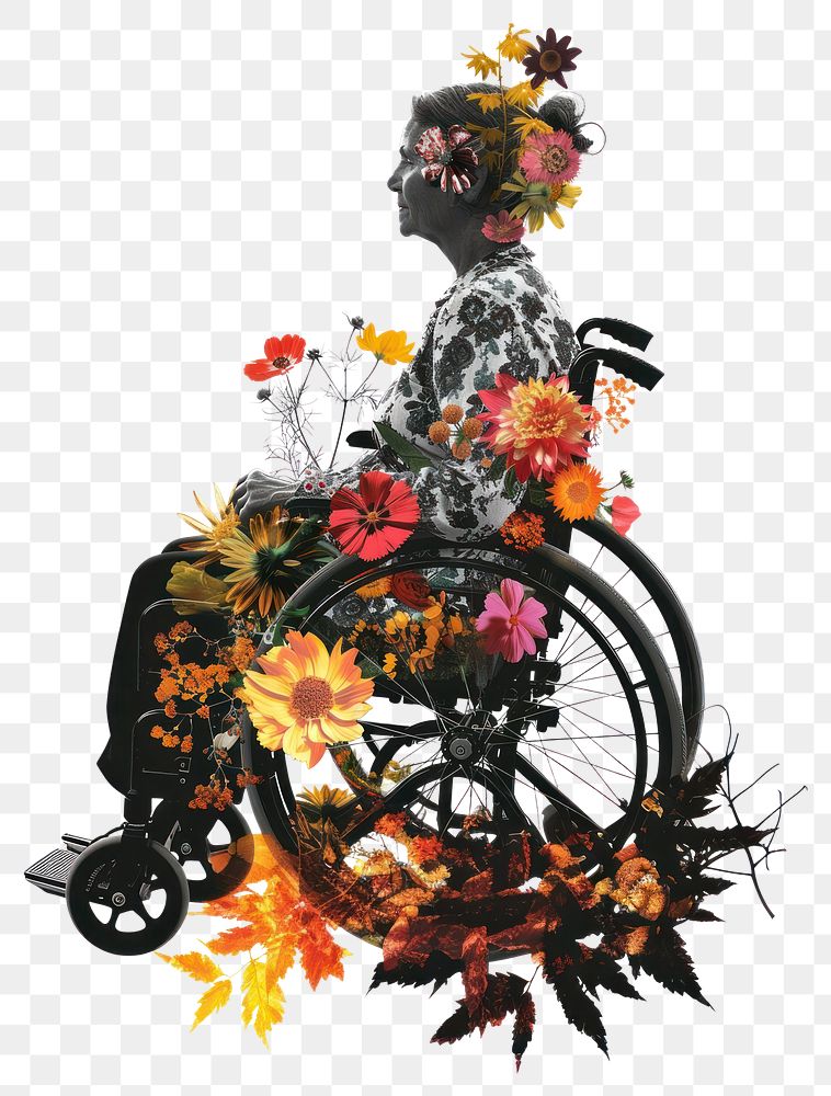 PNG Flower Collage disabled woman wheelchair flower transportation.