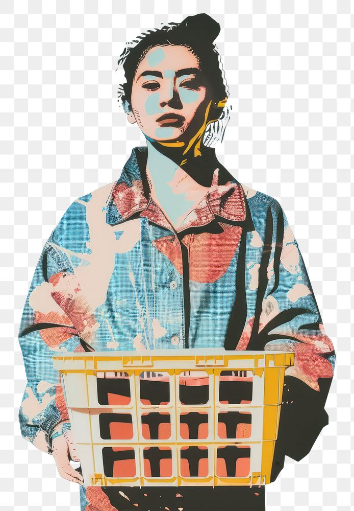 PNG Collage of woman holding laundry basket advertisement clothing painting.