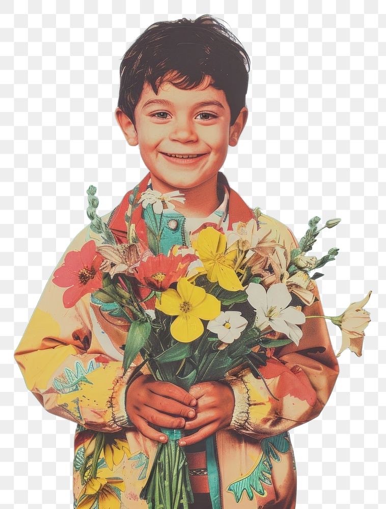 PNG Photo collage of boy holding flower bouquet portrait photography clothing.