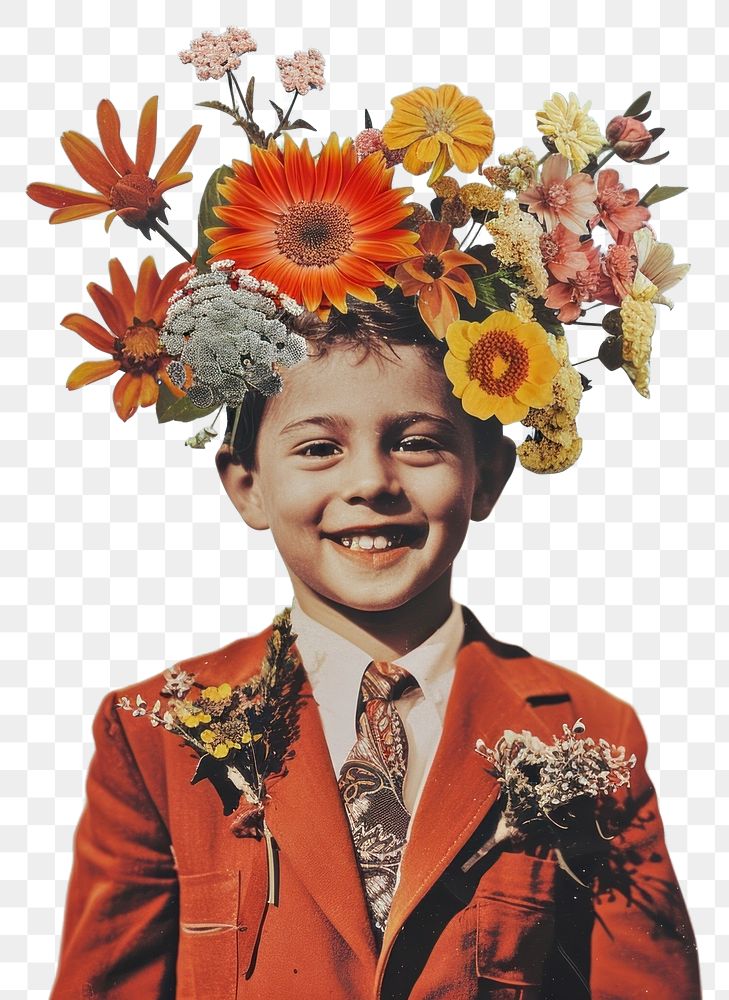 PNG Photo collage of boy wearing flower bouquet portrait jacket photography.