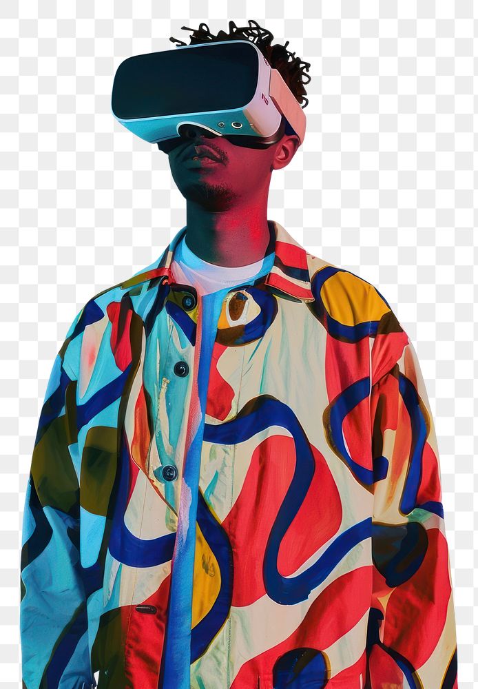 PNG Photo collage of man wearing VR portrait photography accessories.
