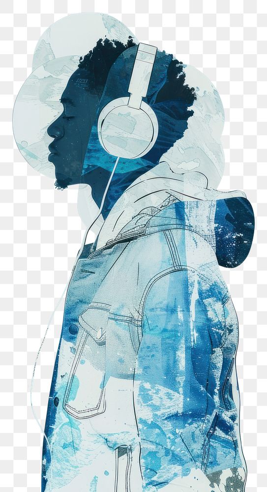 PNG Photo collage of man wearing headphone electronics clothing painting.
