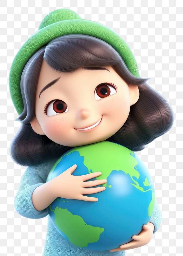 PNG Asian woman hugging a blue-green earth astronomy universe balloon.