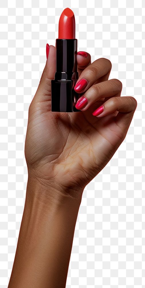 PNG Vertical photo shot of a hand holding a gloss color lipstick cosmetics.