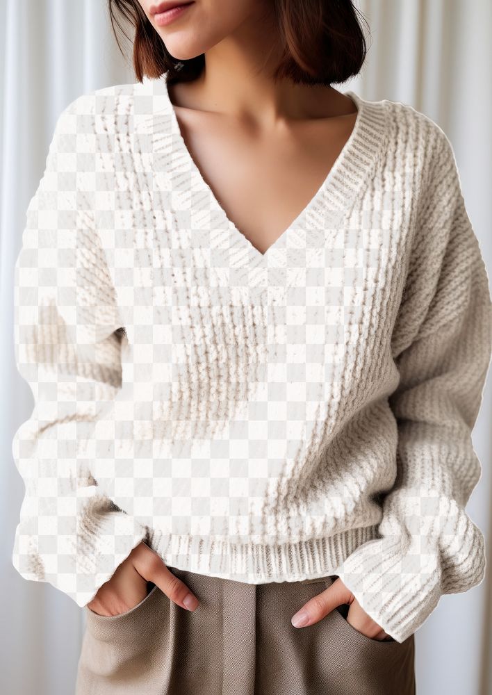 PNG women's knitted v-neck sweater mockup, transparent design