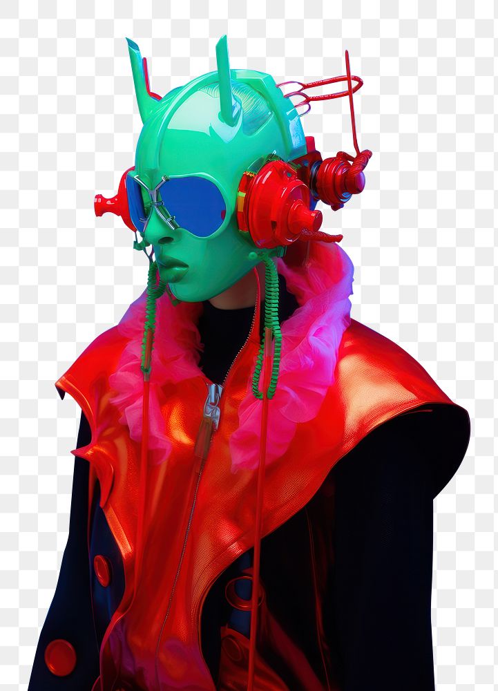 PNG  Fashion photography representing of futuristic cybernatic face carnival clothing.