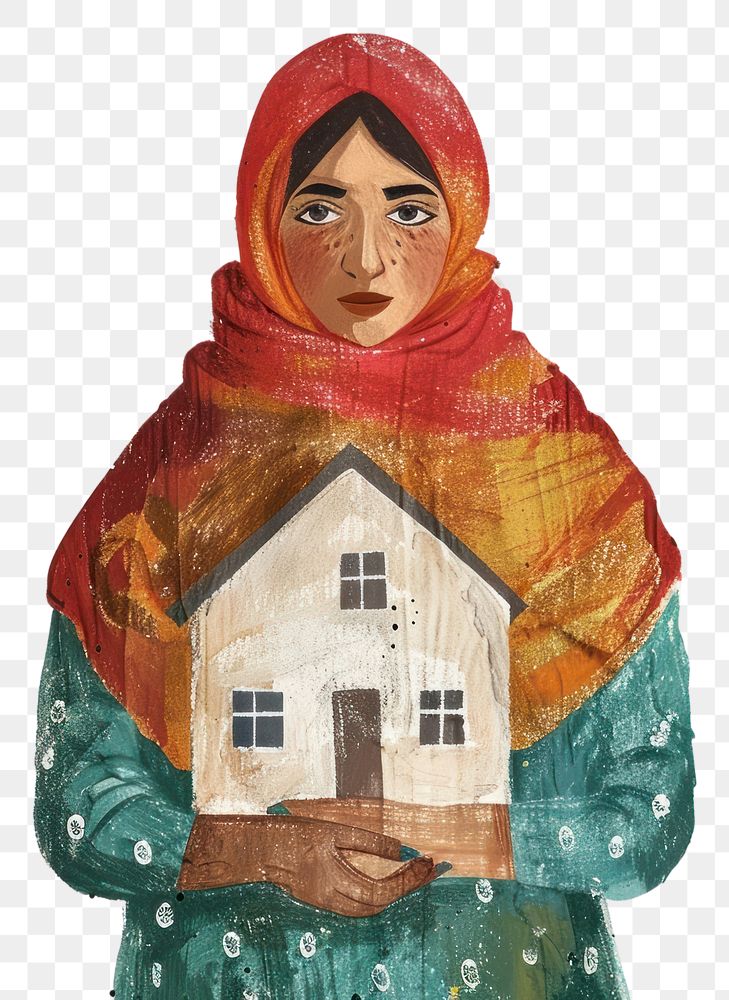 PNG Palestinian woman holding home art illustrated painting.