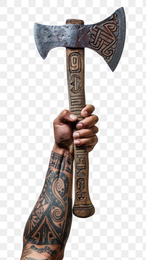 PNG Hand holding up with Maori tattoo is holding an axe electronics weaponry hardware.