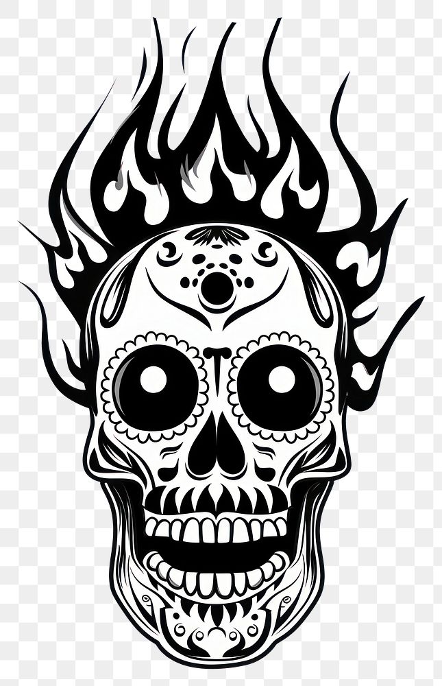 PNG Mexican sugar skull fire tattoo flat illustration illustrated stencil drawing.