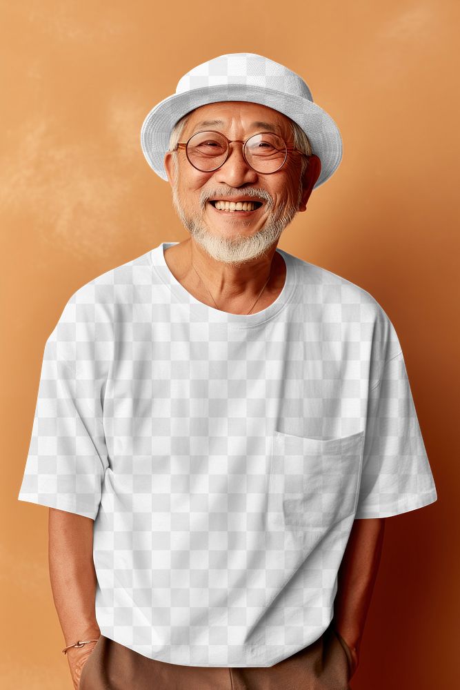 PNG senior's t-shirt & fedora hat mockup, transparent design