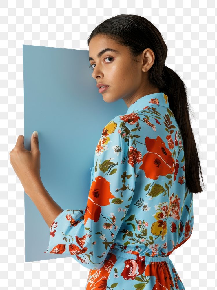 PNG  Holding a blue paper sheet photography dress clothing.