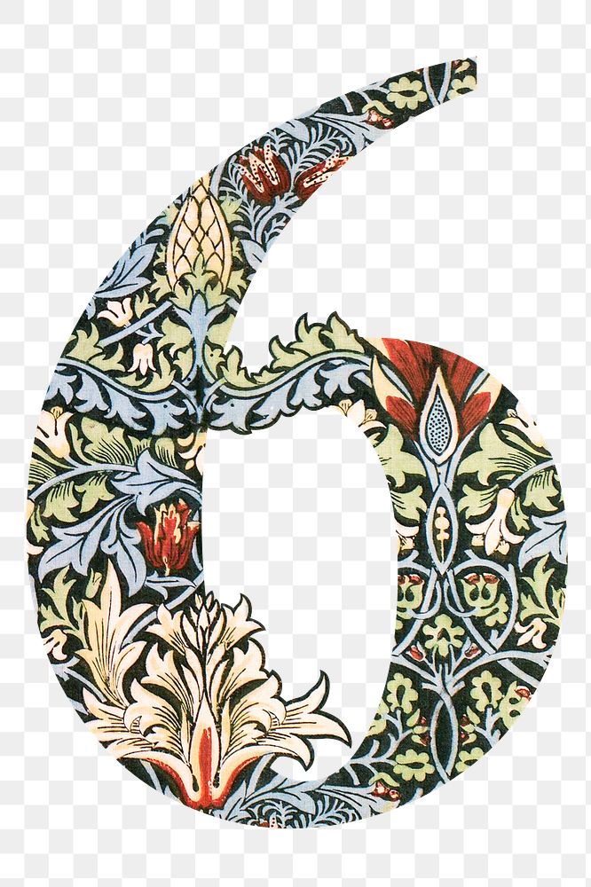 PNG Number 6 vintage font, botanical pattern inspired by William Morris, transparent background