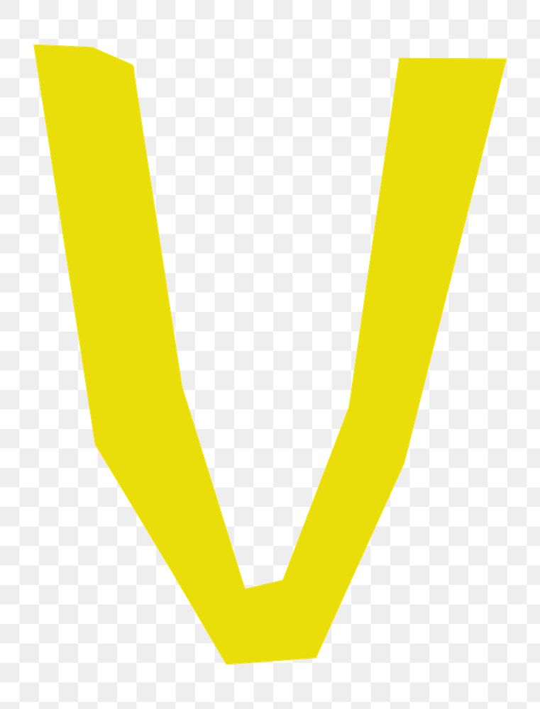 Letter V png in yellow paper cut shape font, transparent background