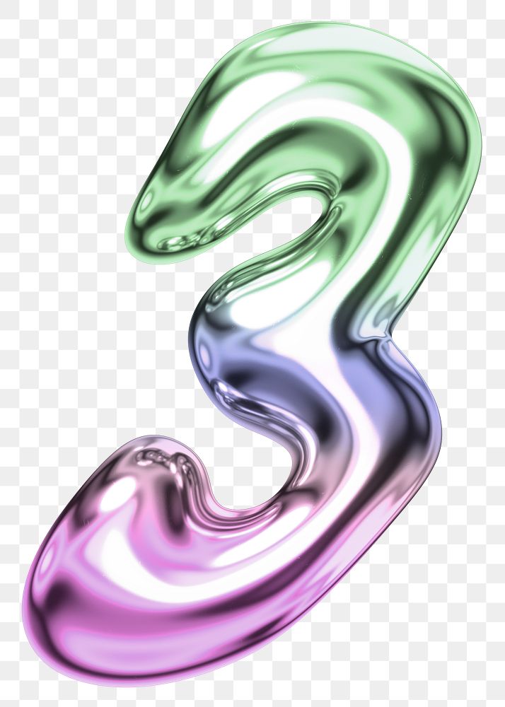 Number 3 png holographic fluid chrome font, transparent background