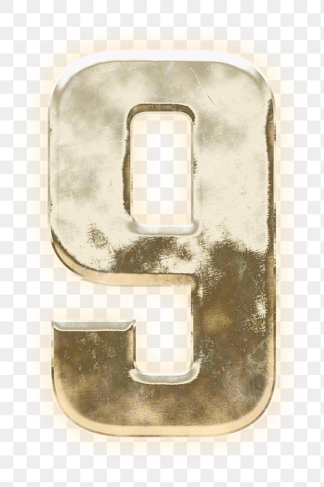 Gold number 9 png metallic font, transparent background