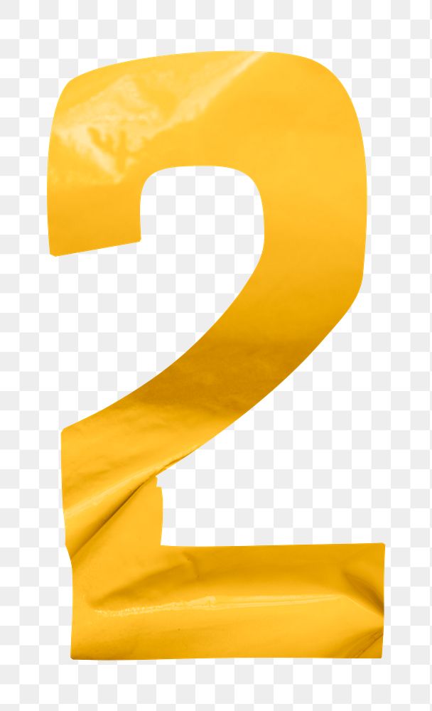 Number 2 png in yellow plastic texture alphabet, transparent background