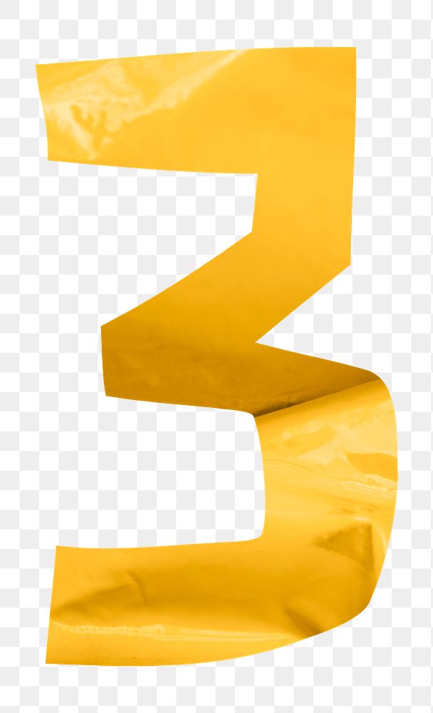 Number 3 png in yellow plastic texture alphabet, transparent background