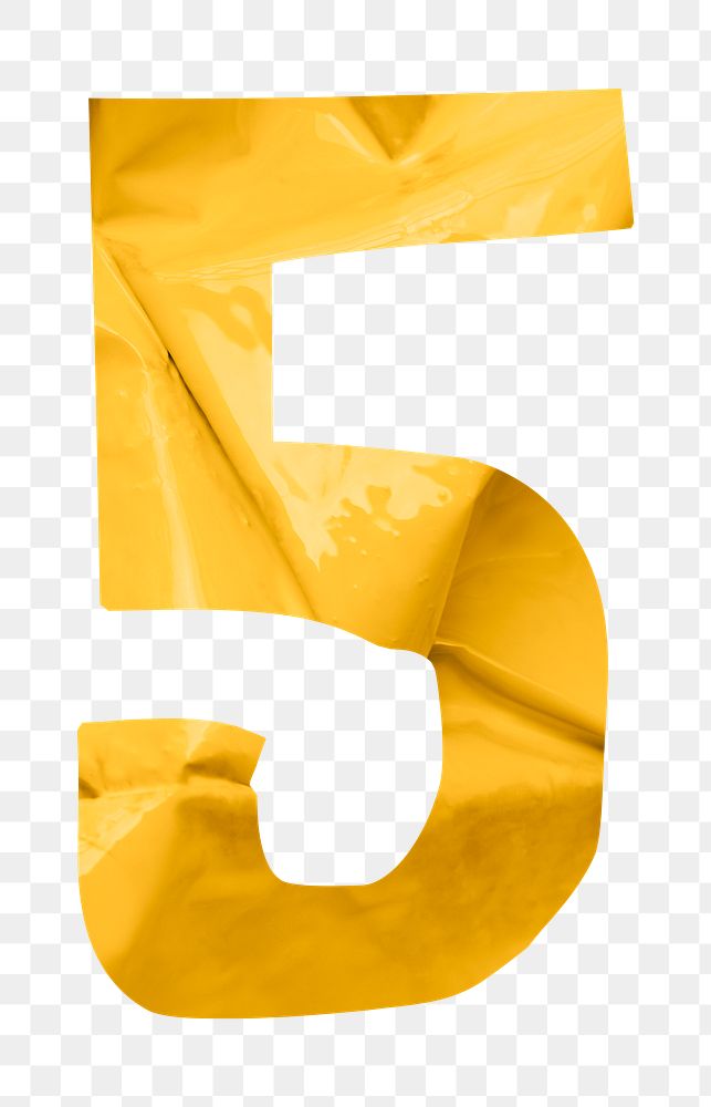 Number 5 png in yellow plastic texture alphabet, transparent background