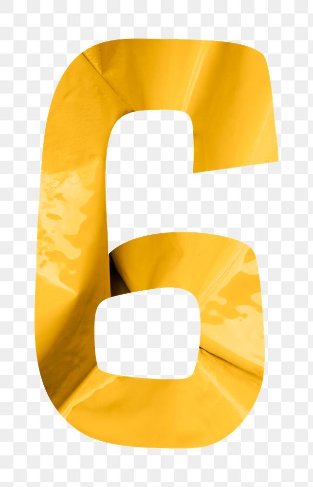 Number 6 png in yellow plastic texture alphabet, transparent background
