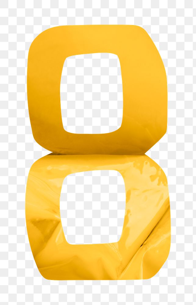 Number 8 png in yellow plastic texture alphabet, transparent background