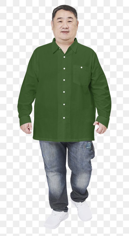 Plus size man png green long sleeve shirt, transparent background