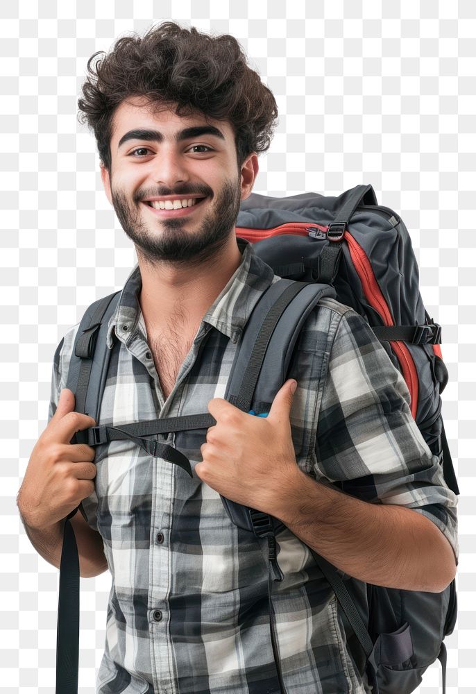 PNG Young middle east male Traveler backpacker happy backpacking person.