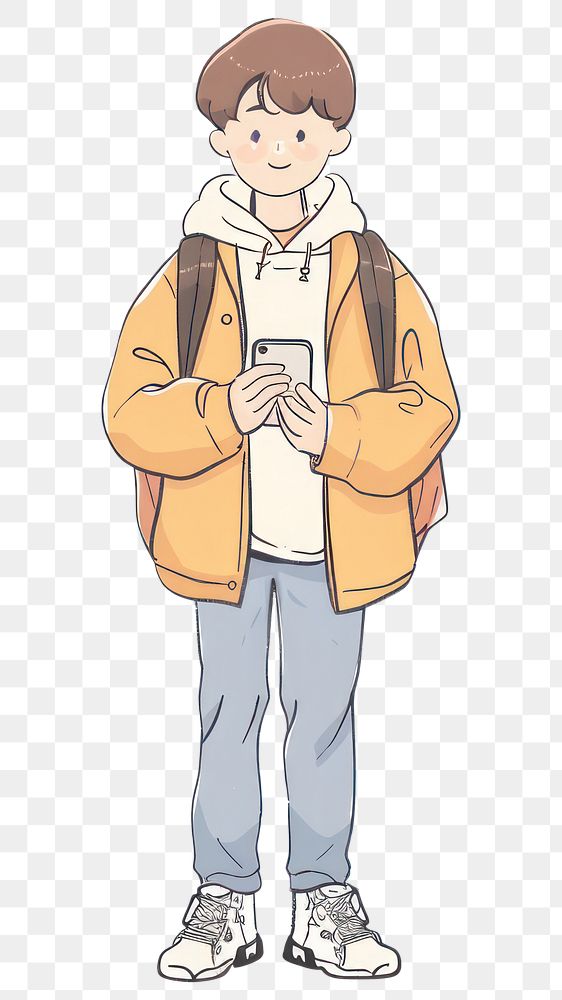 PNG Kid holding cellphone flat illustration clothing footwear apparel.