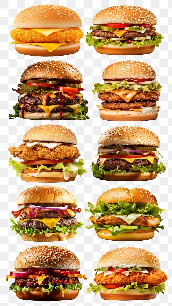 PNG burger fast food element set, transparent background