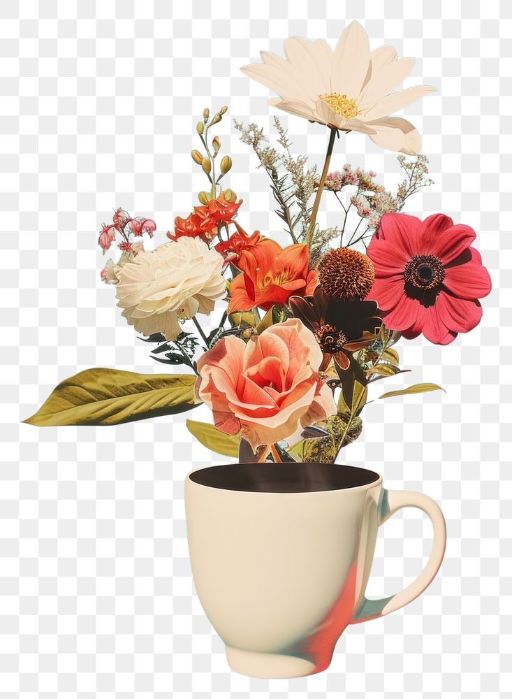 PNG Coffee mug and floral art blossom pottery.