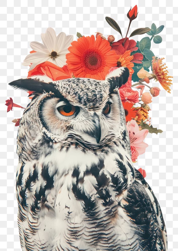 PNG Owl and floral art illustrated asteraceae.