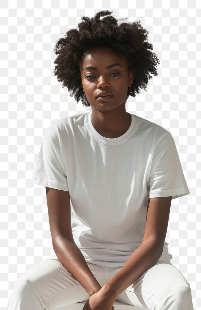 PNG African woman wearing white t shirt mockup clothing apparel sitting.