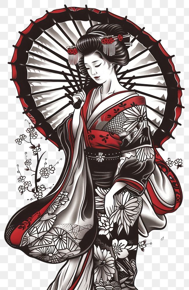 PNG Tattoo illustration of a geisha clothing apparel fashion.