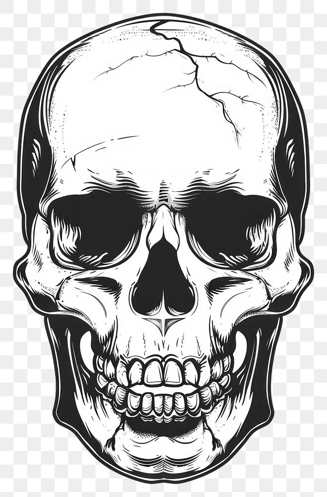 PNG Realistic human skull tattoo illustrated drawing.