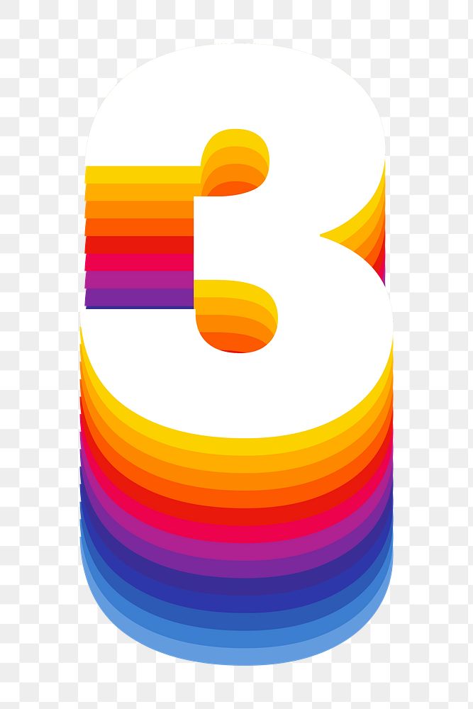 Number 3 png retro colorful layered font, transparent background