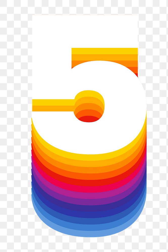 Number 5 png retro colorful layered font, transparent background