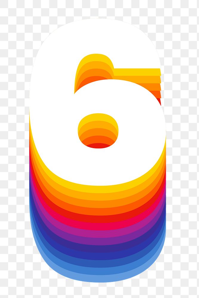 Number 6 png retro colorful layered font, transparent background