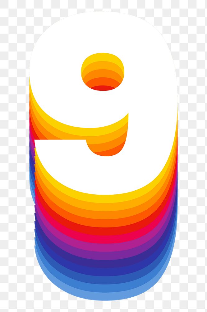 Number 9 png retro colorful layered font, transparent background