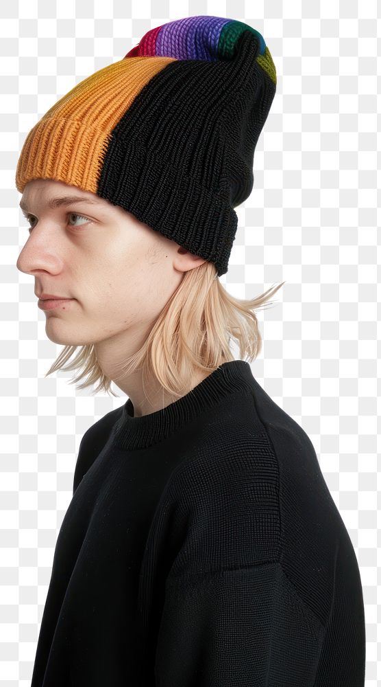 PNG Colorful knit beanie on model