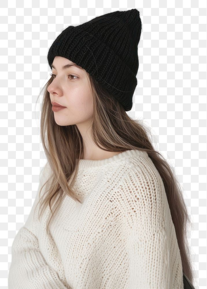 PNG Woman wearing black knit beanie