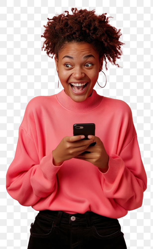 PNG Excited woman using smartphone