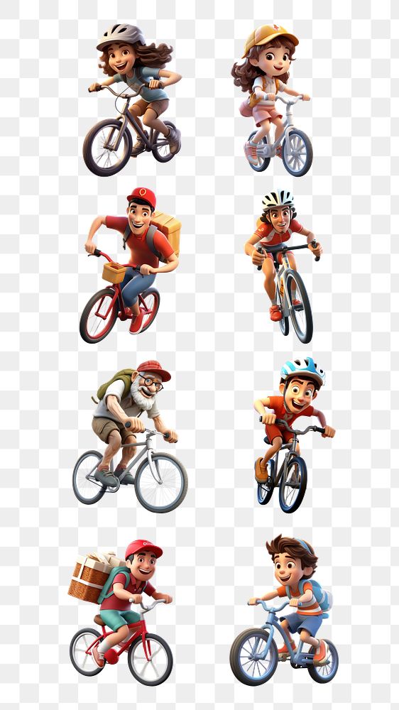 PNG 3D people riding bikes element set, transparent background