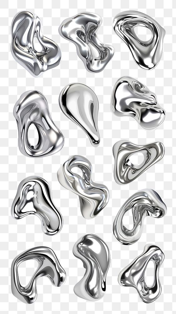 PNG 3D liquid chrome abstract shape element set, transparent background