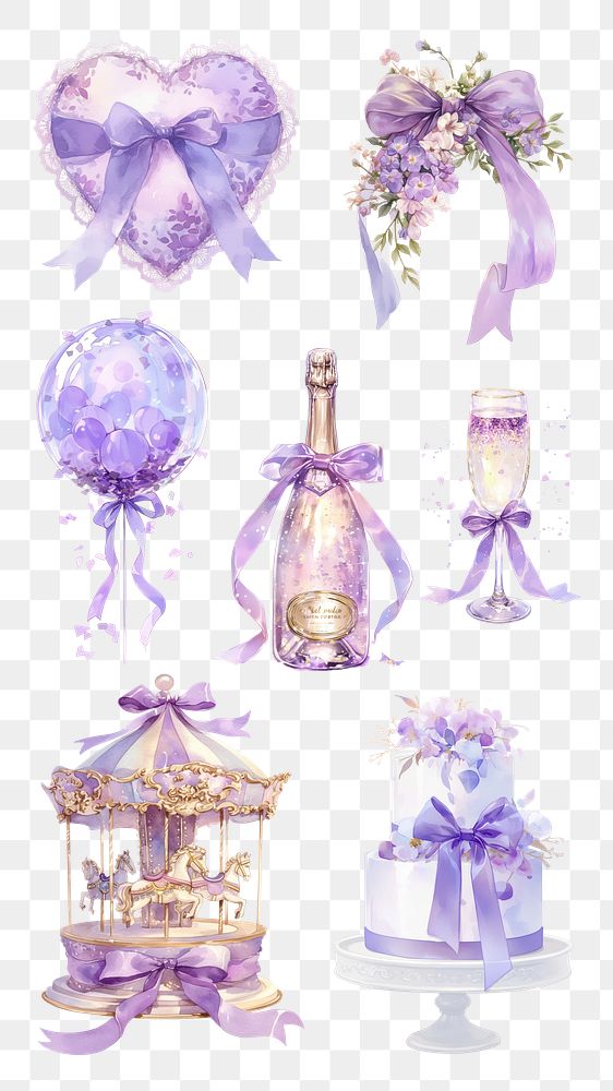 PNG watercolor purple coquette design element set, transparent background