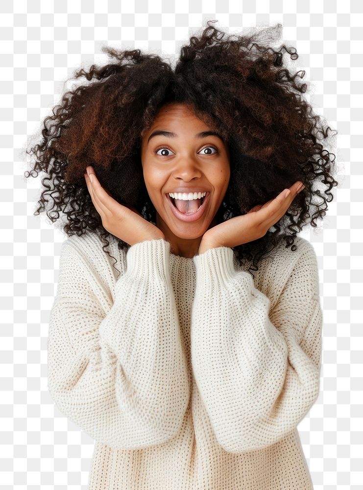 PNG  Excited woman with curly hair