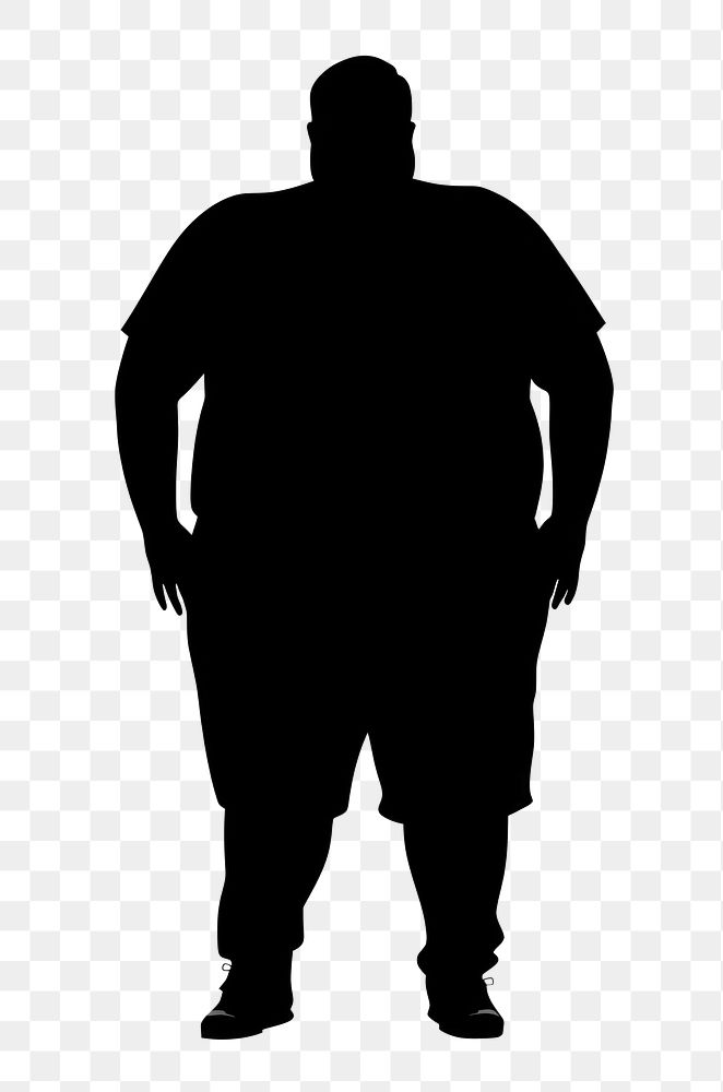 PNG Black and white silhouettes graphic vector of *chubby man*, full body, simple, solid dense black, isolated on white…