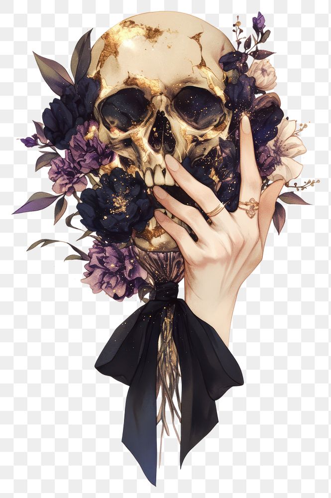 PNG  Skull, flowers, hand, dark, elegant