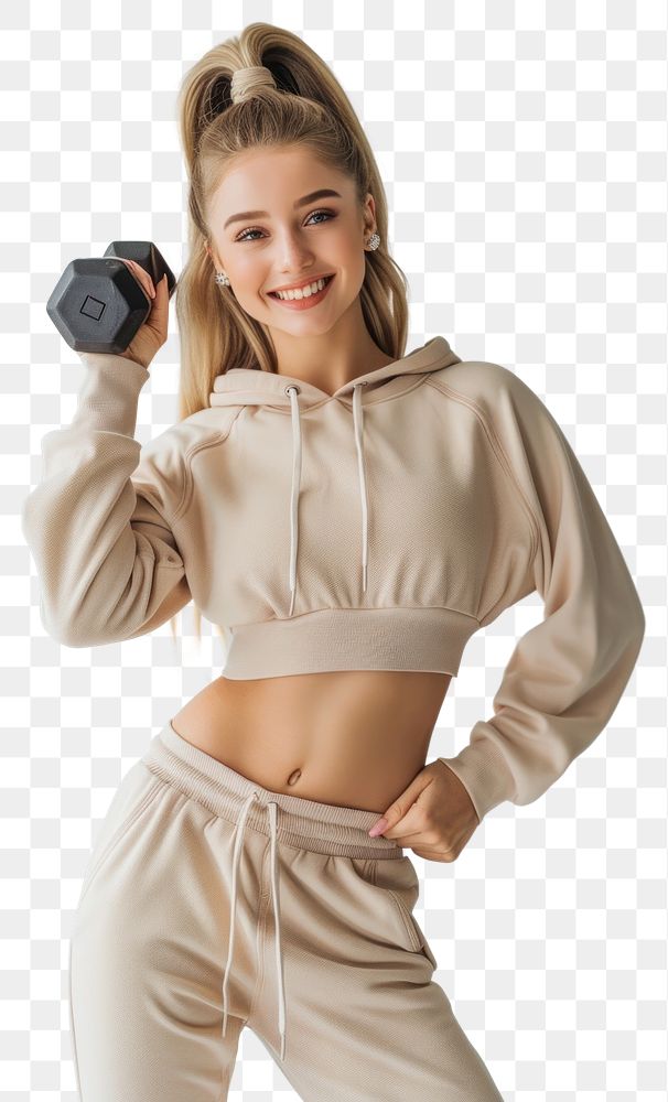 PNG Fitness model holding dumbbell smiling