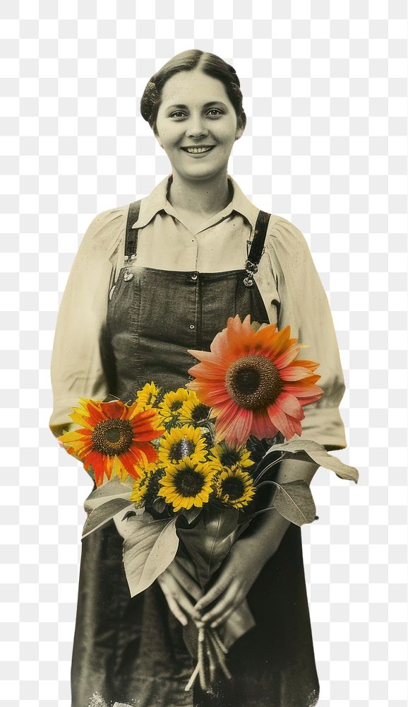 Collage of happy women sunflower portrait plant.