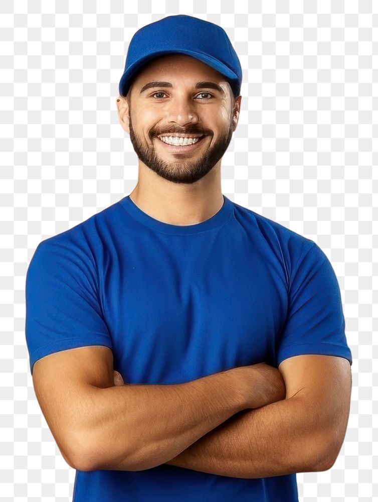 PNG Delivery guy cardboard box smiling. 