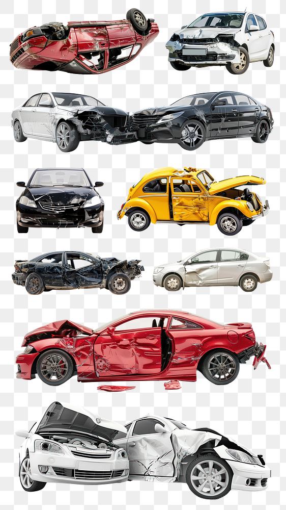 PNG crashed car element set, transparent background